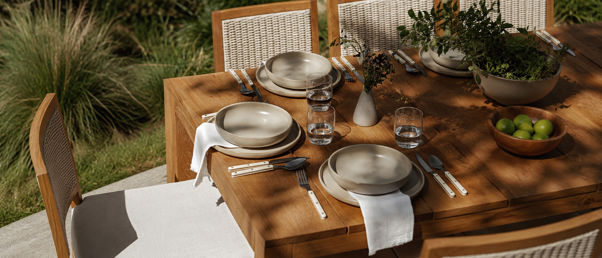 Modern tableware arranged for outdoor dining